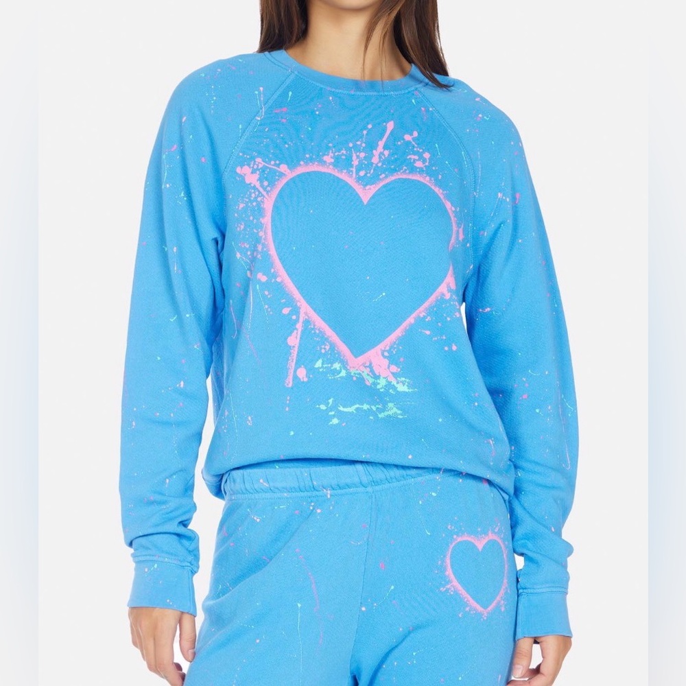 Lauren Moshi‎ ANELA SPLATTER HEART blue paint XS sweatshirt crewneck relaxed